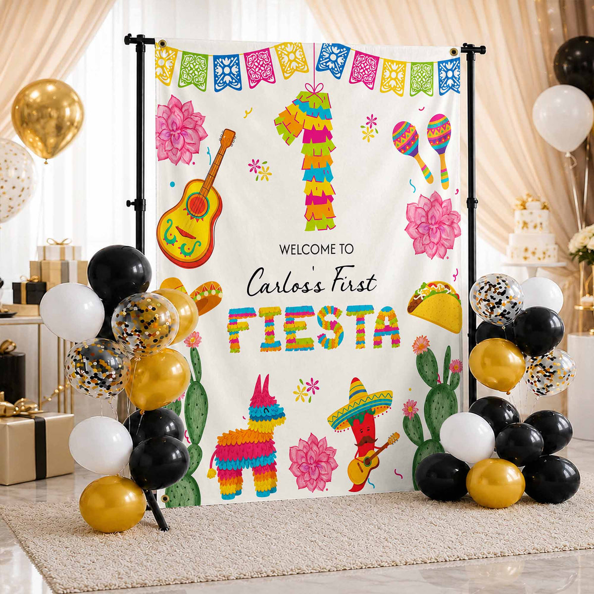 Welcome To Our First Fiesta Piñata Sombrero And Guitar - Personalized Backdrop - HSP073_BADRO