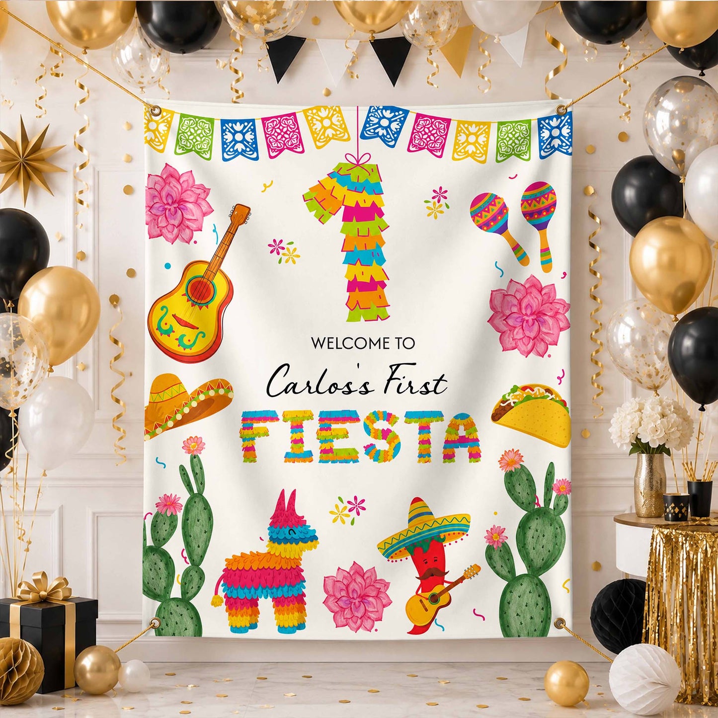 Welcome To Our First Fiesta Piñata Sombrero And Guitar - Personalized Backdrop - HSP073_BADRO