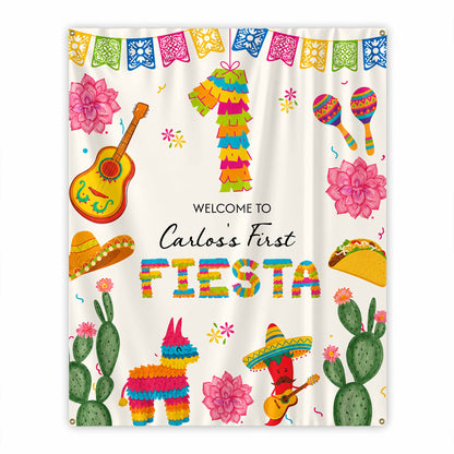Welcome To Our First Fiesta Piñata Sombrero And Guitar - Personalized Backdrop - HSP073_BADRO
