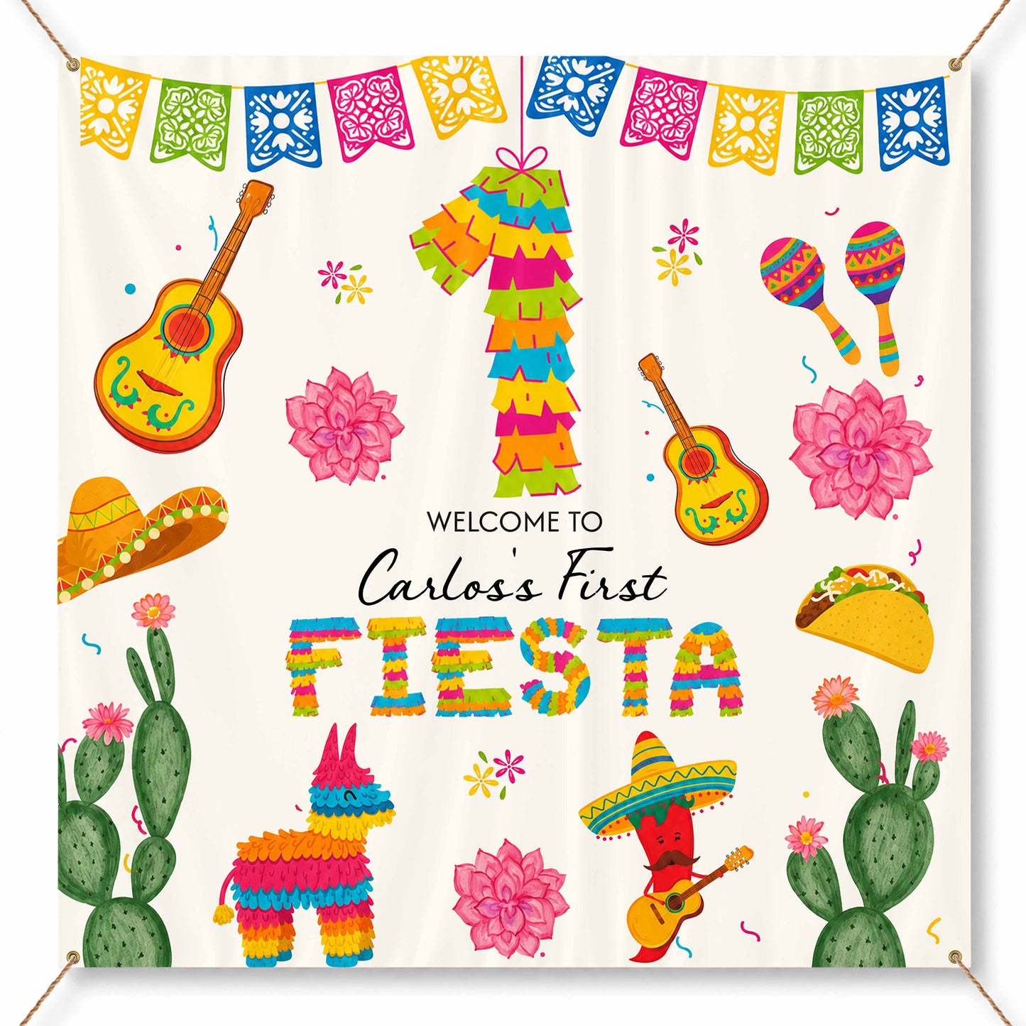 Welcome To Our First Fiesta Piñata Sombrero And Guitar - Personalized Backdrop - HSP073_BADRO