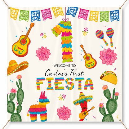 Welcome To Our First Fiesta Piñata Sombrero And Guitar - Personalized Backdrop - HSP073_BADRO