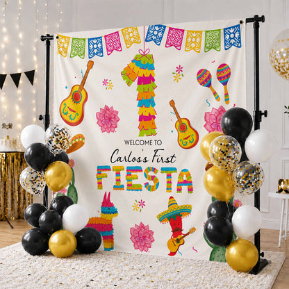 Welcome To Our First Fiesta Piñata Sombrero And Guitar - Personalized Backdrop - HSP073_BADRO