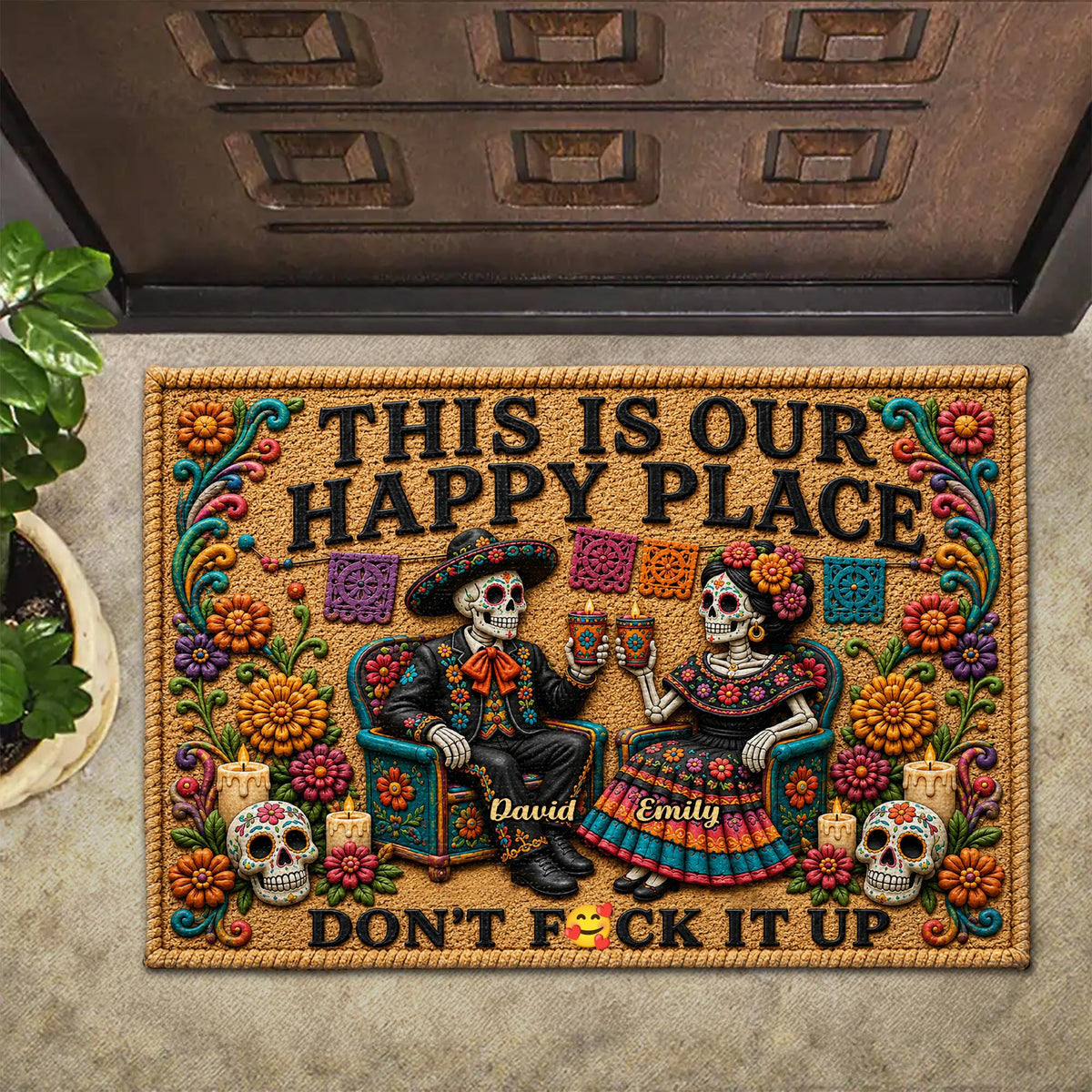 This Is Our Happy Place Sugar Skull Couple Flowers - Personalized Custom Doormat - HSP079_DRM