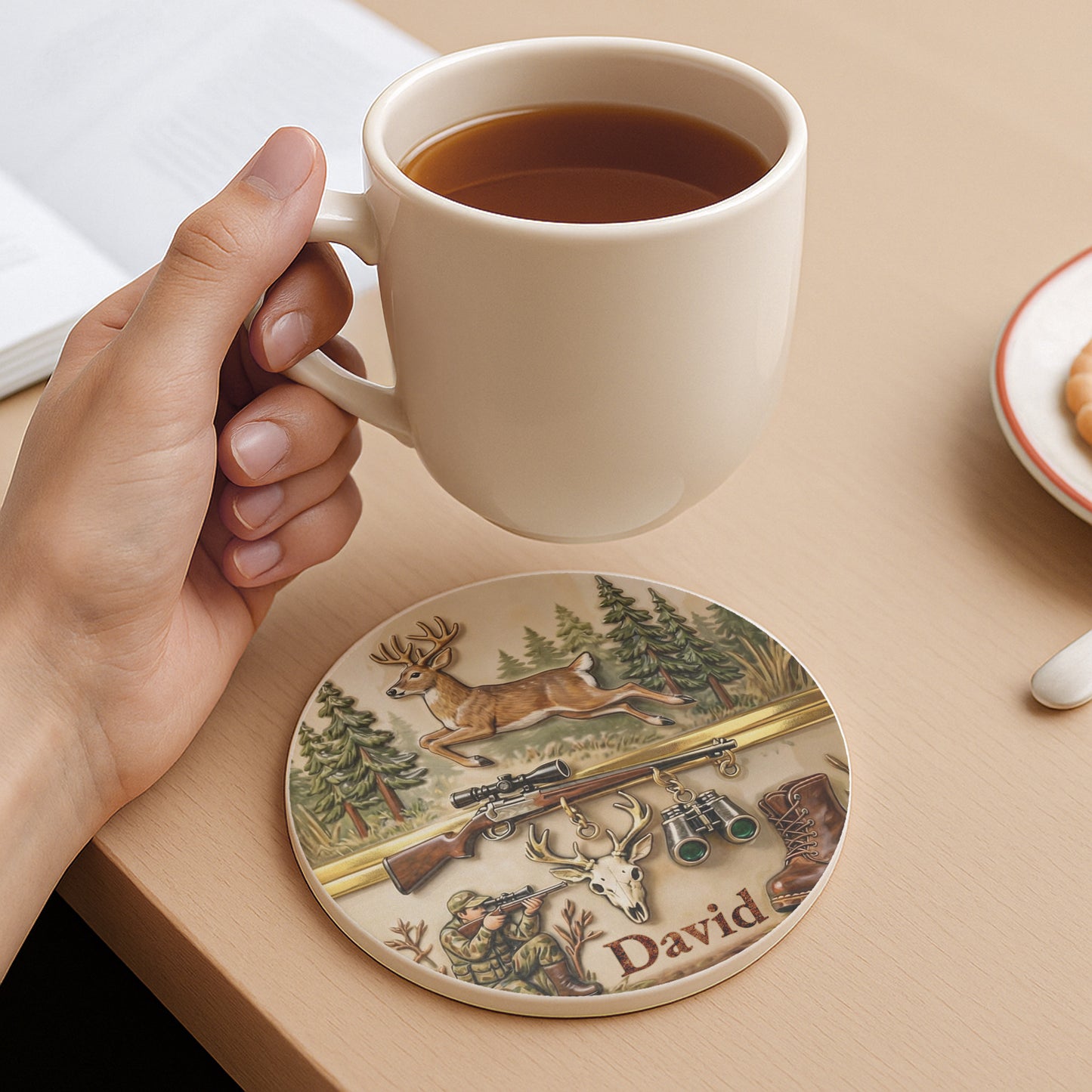 The Thrill Of The Hunt Deer Hunting Scenes And Hunter Gear - Personalized Custom Ceramic Coaster - HTG006_ROCO