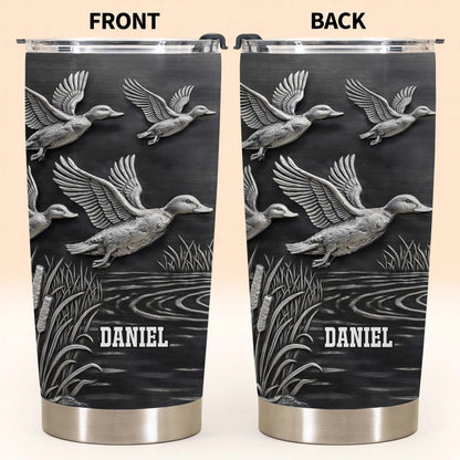 Geese In Flight Over Tranquil Landscape Tumbler