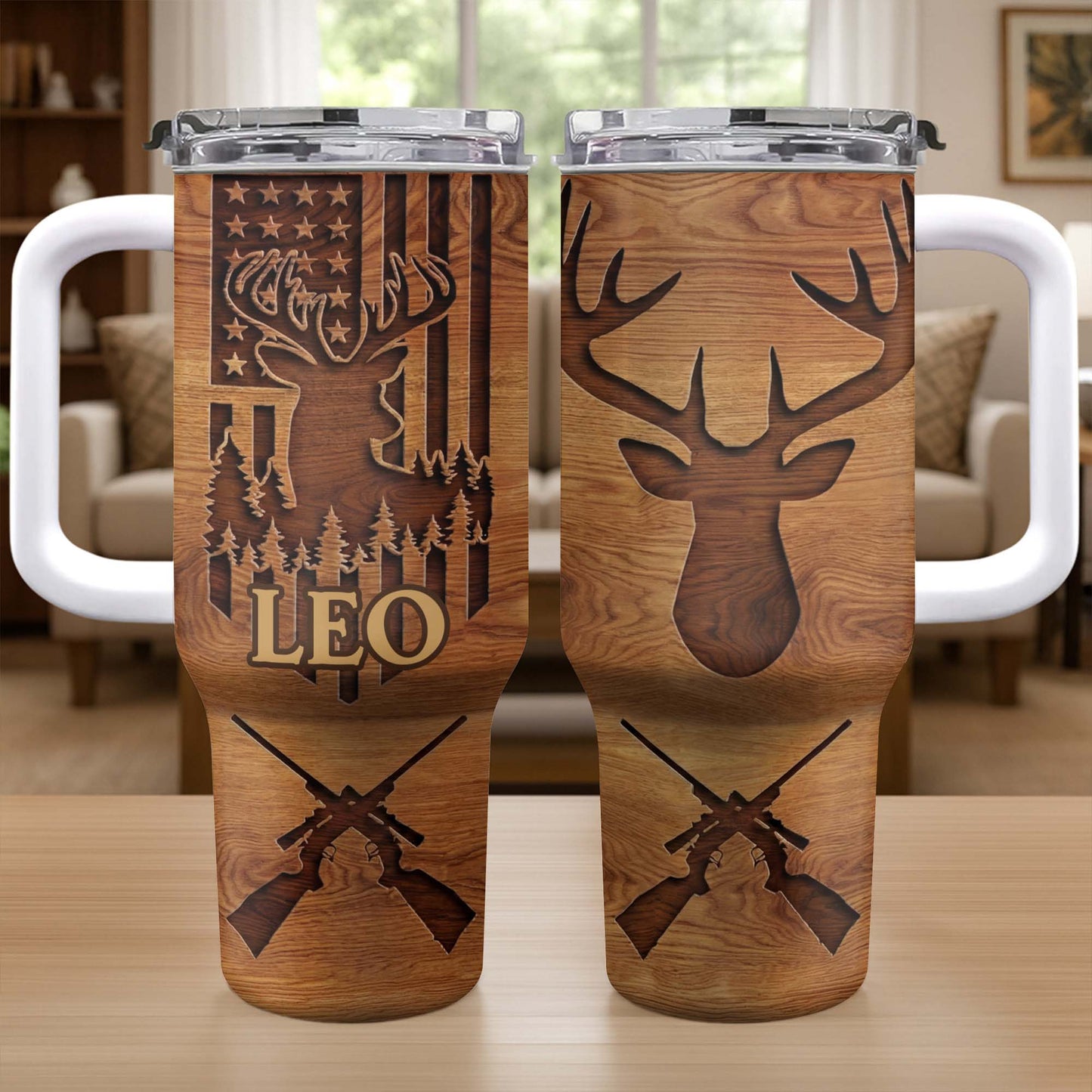 American Flag And Deer Hunting Spirit With Antlers And Rifles