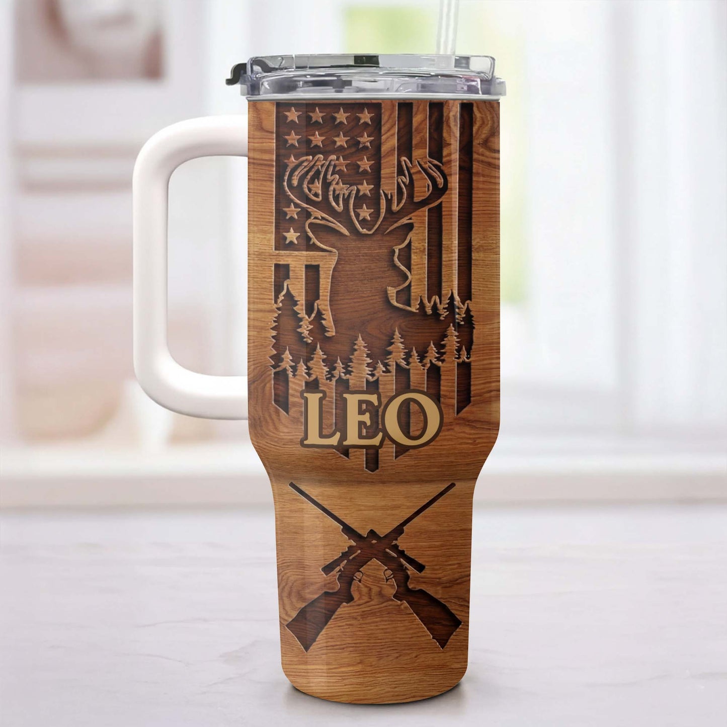 American Flag And Deer Hunting Spirit With Antlers And Rifles