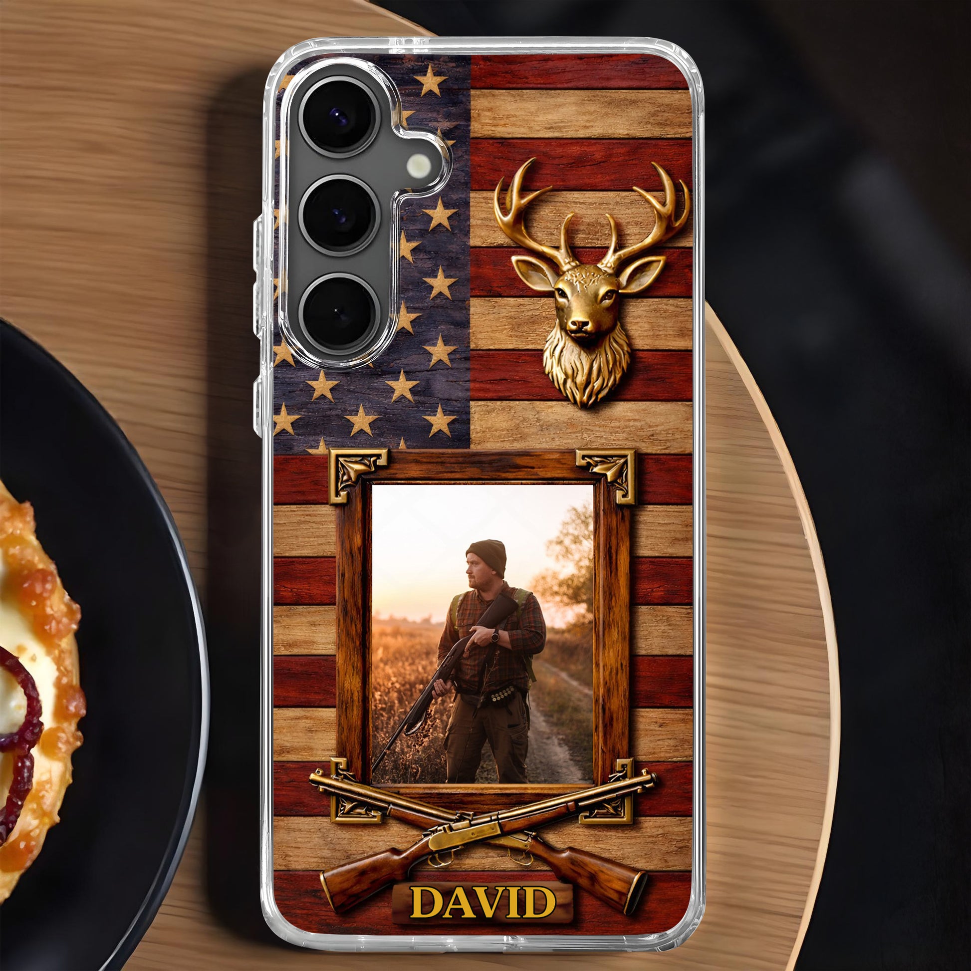 A Hunter's Pride American Flag Deer Head And Rifles