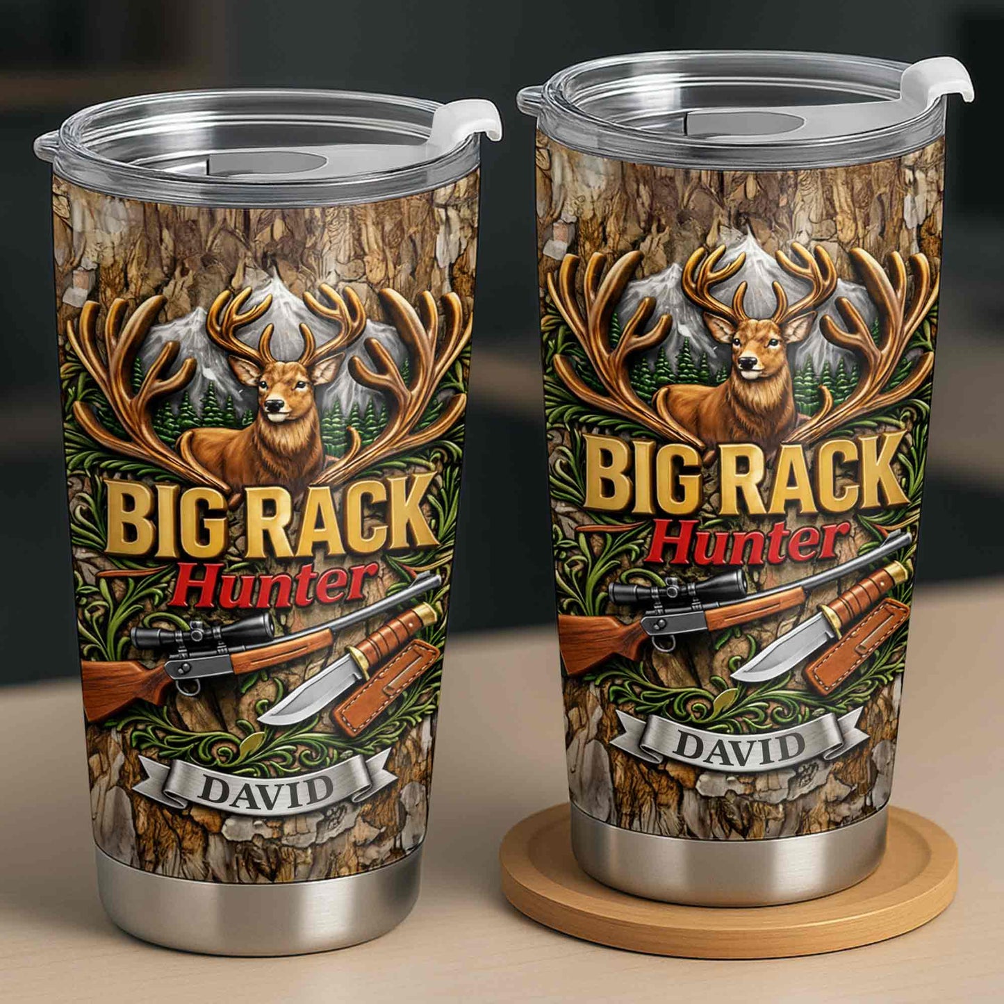 Big Rack Hunter Deer Antlers With Rifle And Hunting Knife - Personalized Custom Stainless Steel Tumbler 20oz 30oz - HTG019_TB