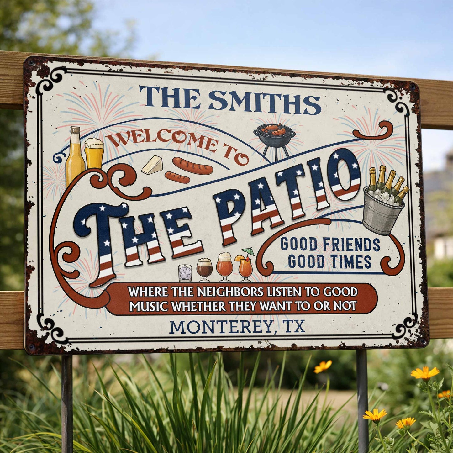 Bienvenidos al patio, buenos amigos, buenos momentos, para propietarios - Letrero metálico personalizado - INDE003_MSIGN