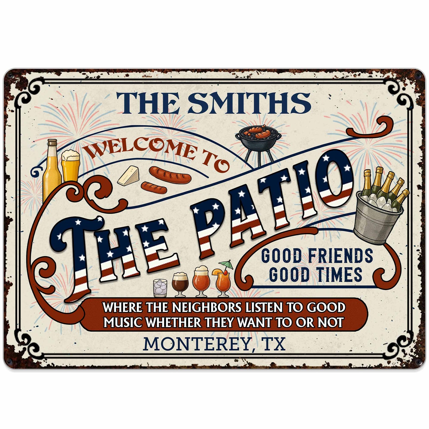 Bienvenidos al patio, buenos amigos, buenos momentos, para propietarios - Letrero metálico personalizado - INDE003_MSIGN