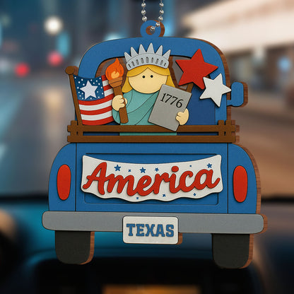 America, Your State, Statue Of Liberty, American Flag - Personalized Custom Wood Ornament, Car Hanging Ornament - INDE008_WCA