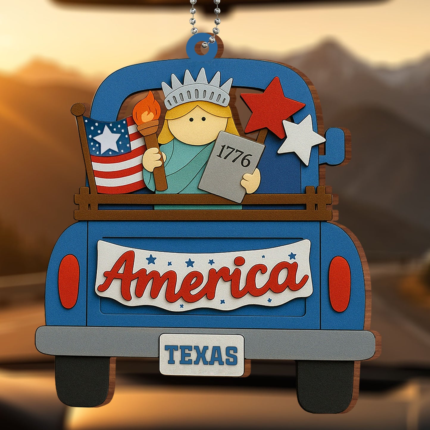 America, Your State, Statue Of Liberty, American Flag - Personalized Custom Wood Ornament, Car Hanging Ornament - INDE008_WCA
