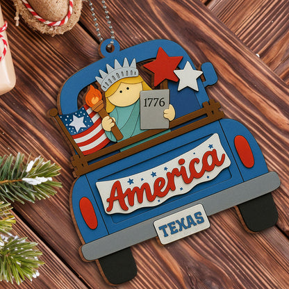 America, Your State, Statue Of Liberty, American Flag - Personalized Custom Wood Ornament, Car Hanging Ornament - INDE008_WCA