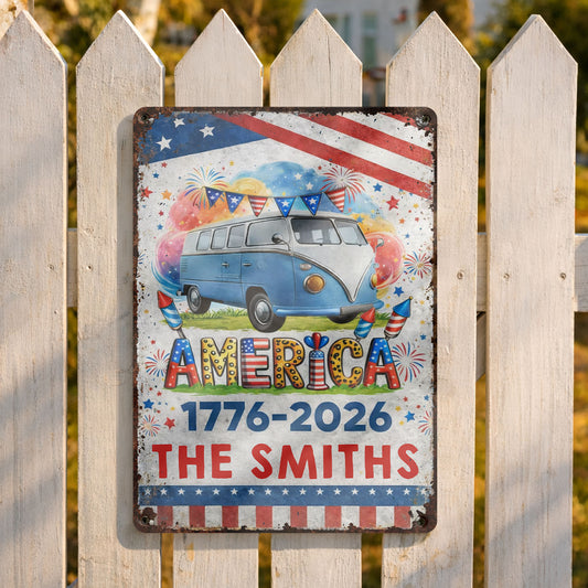 America Vintage Van With Fireworks And American Flag Custom Family Name - Personalized Metal Sign - INDE018_MSIGN
