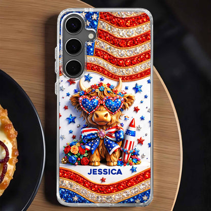 Personalized Stars And Stripes Highland Cow Phone Case