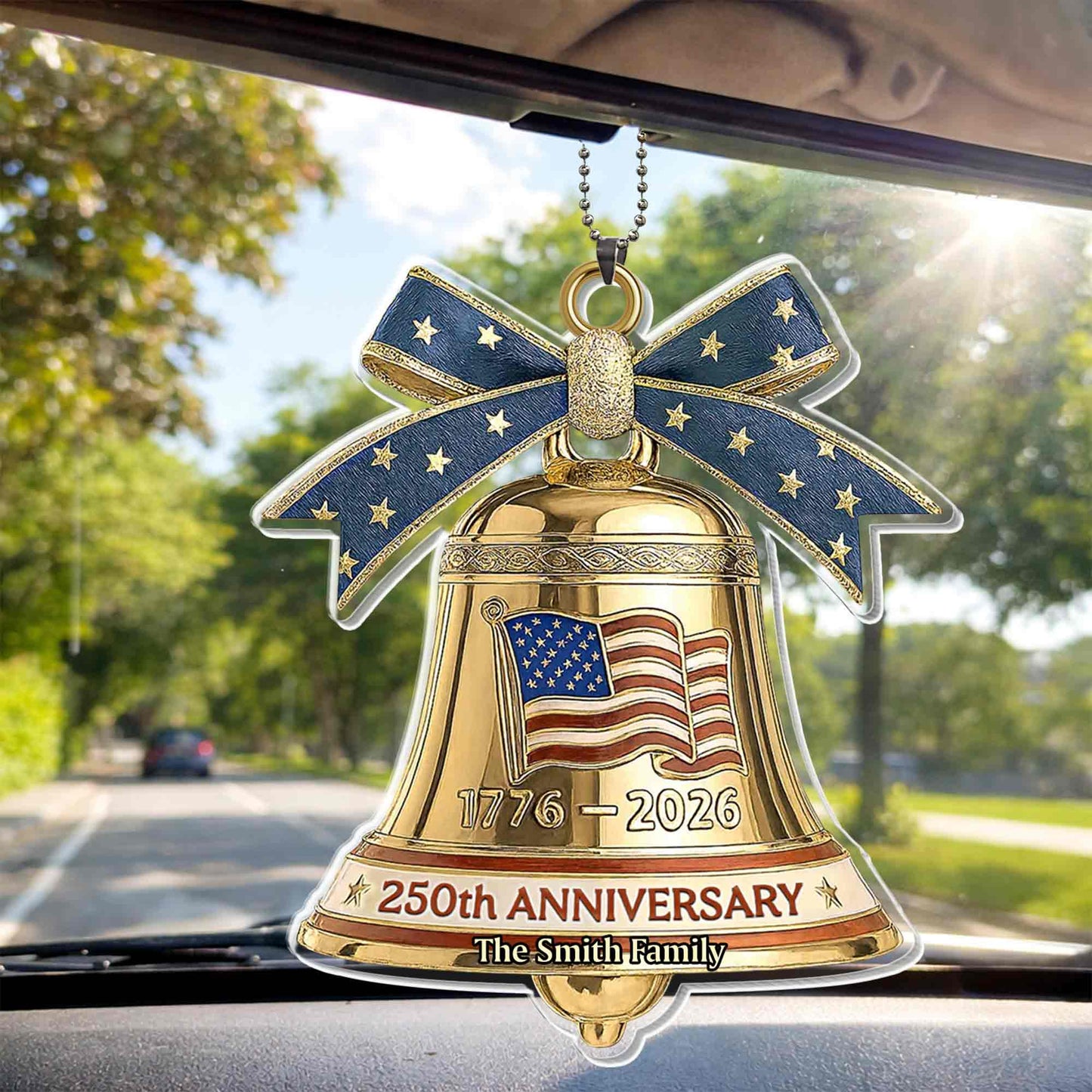 Anniversary Our Family Golden Bell With American Flag And Stars