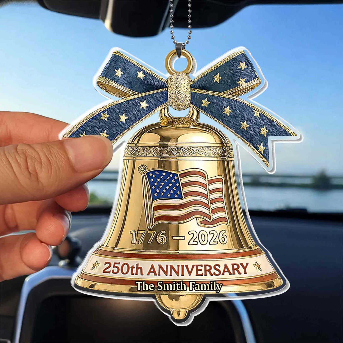 Anniversary Our Family Golden Bell With American Flag And Stars