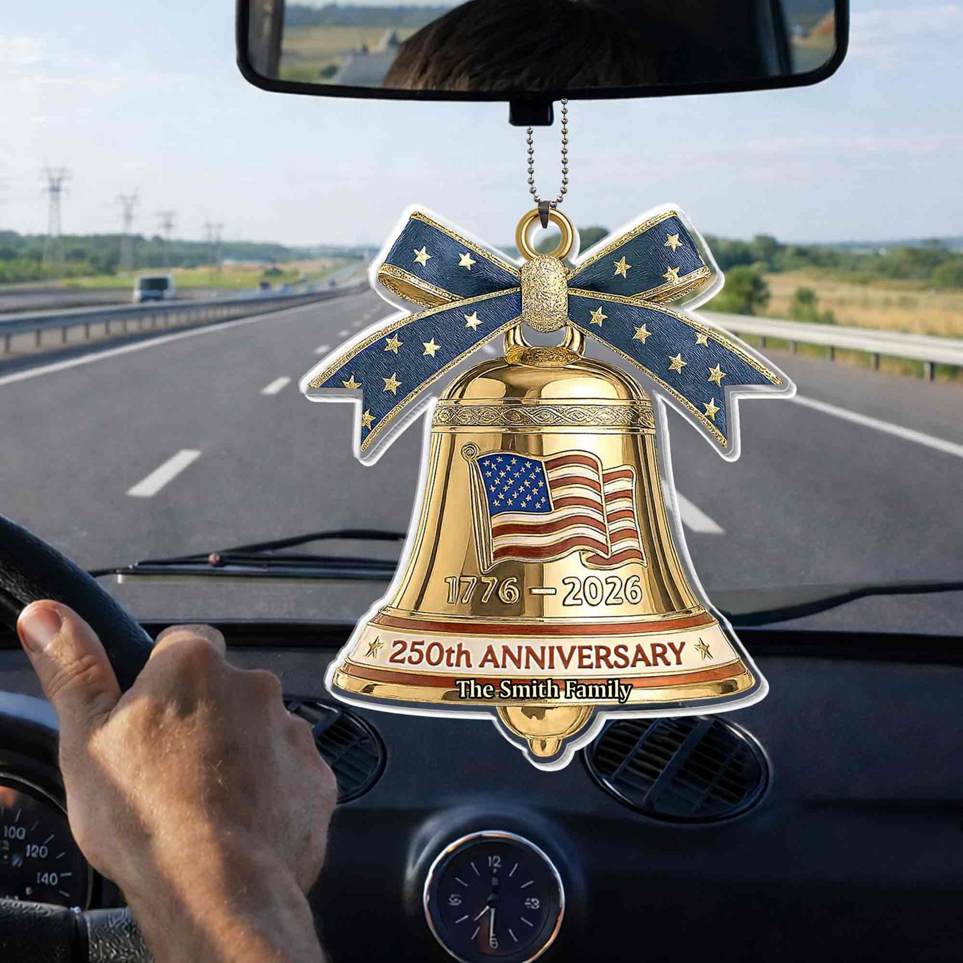 Anniversary Our Family Golden Bell With American Flag And Stars