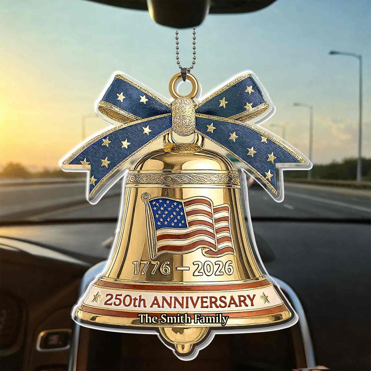 Anniversary Our Family Golden Bell With American Flag And Stars