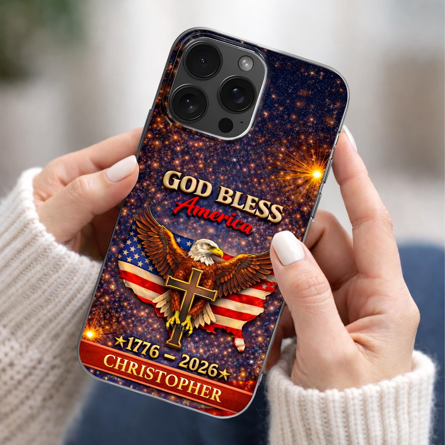 God Bless America Eagle and Cross - Personalized Clear Phone Case - INDE054_PHC
