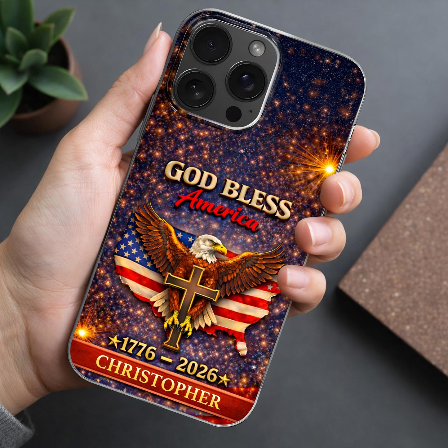 God Bless America Eagle and Cross - Personalized Clear Phone Case - INDE054_PHC