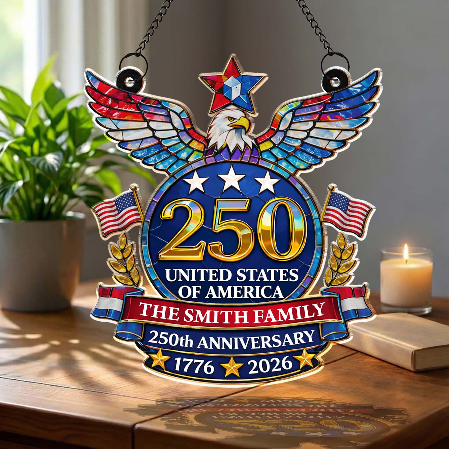 United States Of America Anniversary Eagle And American Flag - Personalized Custom Suncatcher - INDE099_CSUN