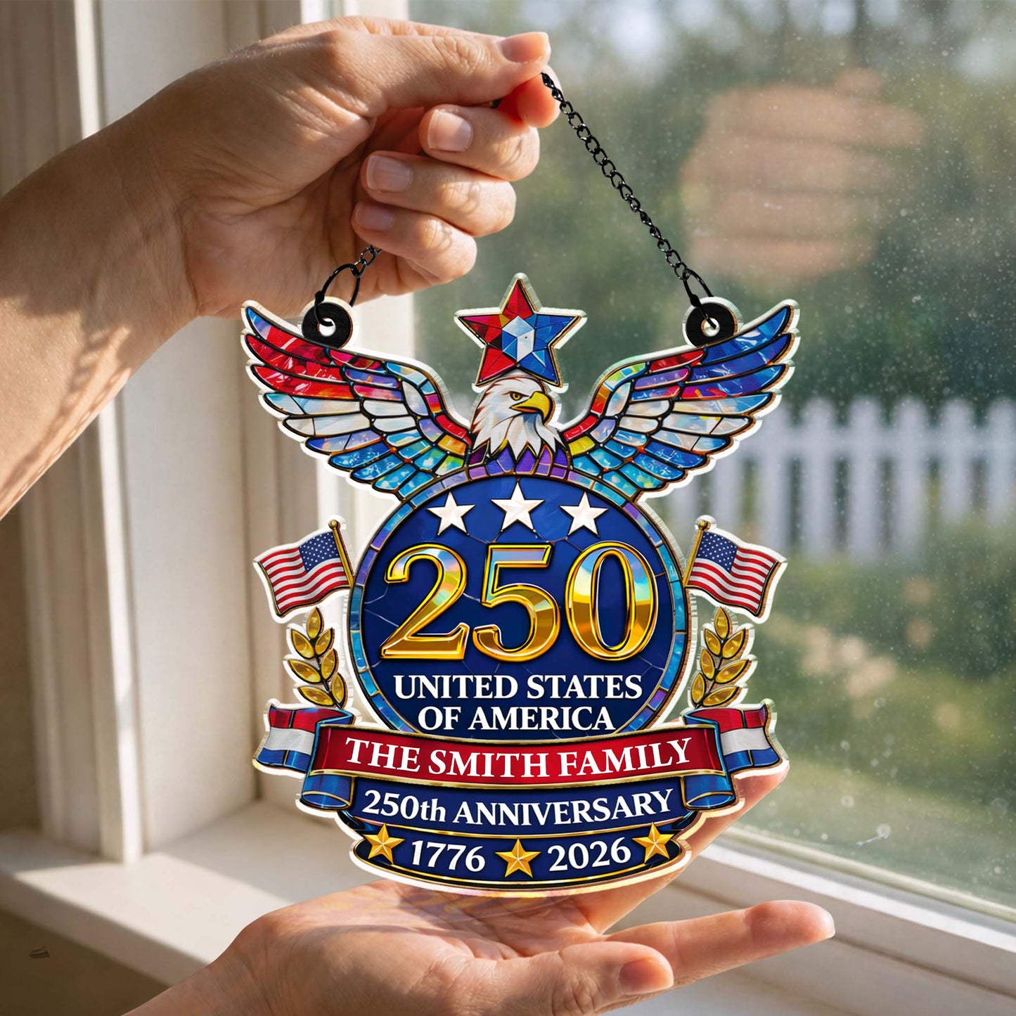United States Of America Anniversary Eagle And American Flag - Personalized Custom Suncatcher - INDE099_CSUN