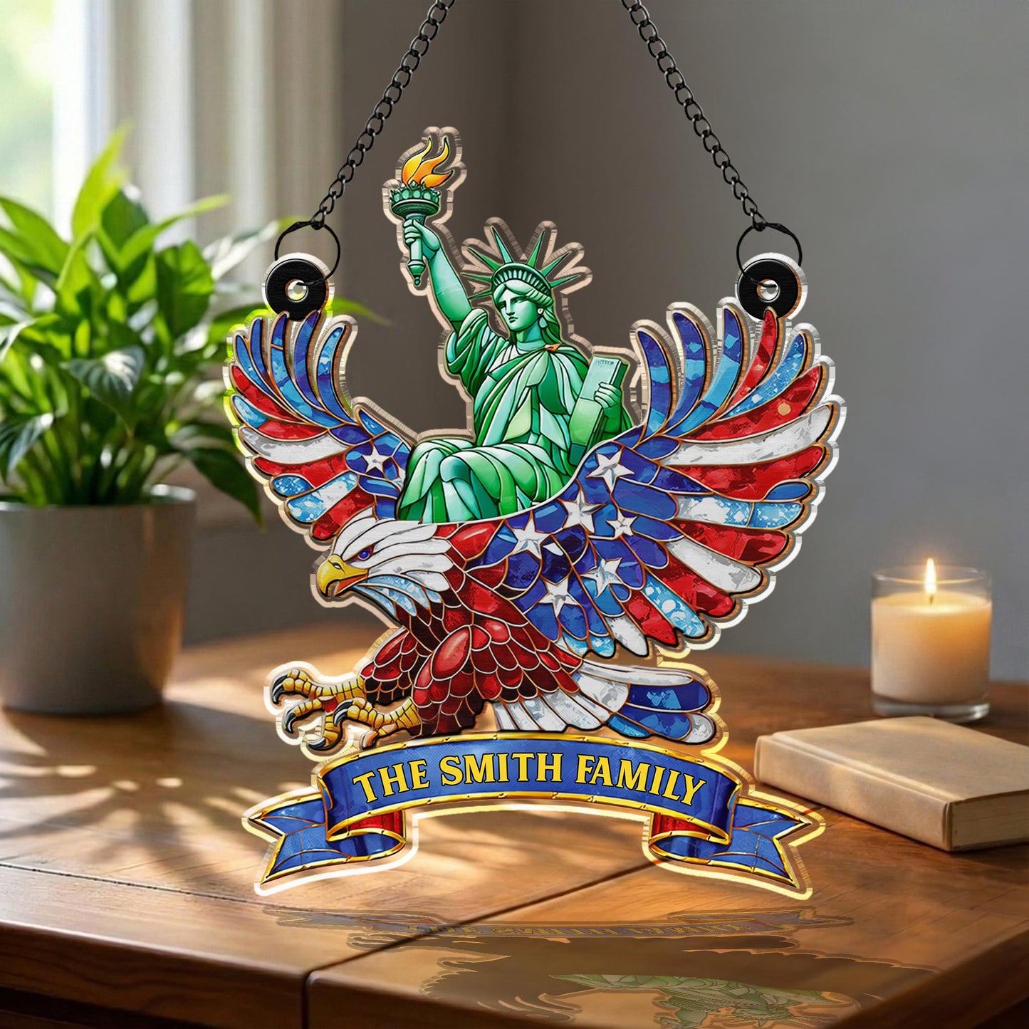 Our Family Statue Of Liberty And Patriotic Eagle With Flag Wings - Personalized Custom Suncatcher - INDE112_CSUN