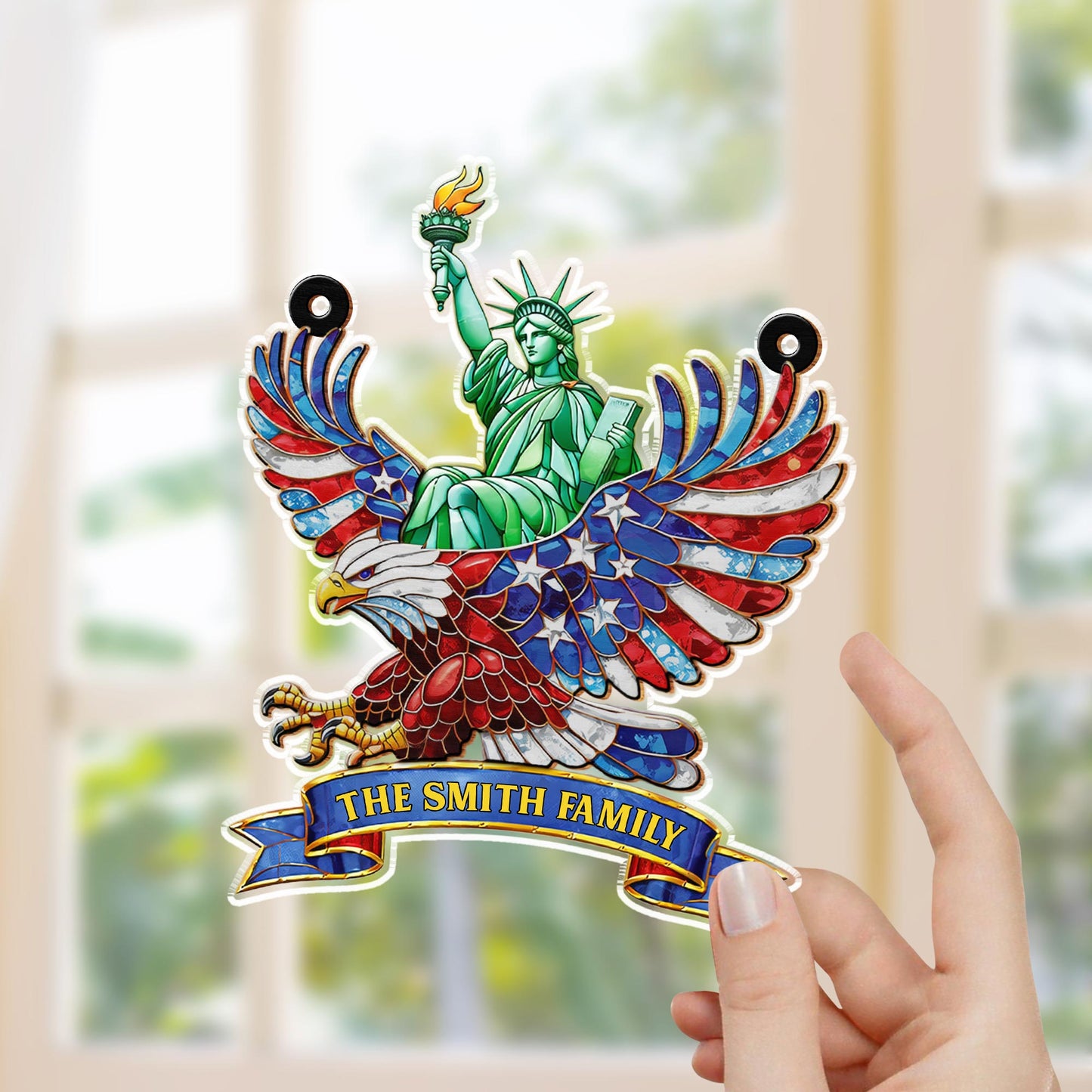 Our Family Statue Of Liberty And Patriotic Eagle With Flag Wings - Personalized Custom Suncatcher - INDE112_CSUN