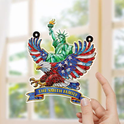 Our Family Statue Of Liberty And Patriotic Eagle With Flag Wings - Personalized Custom Suncatcher - INDE112_CSUN