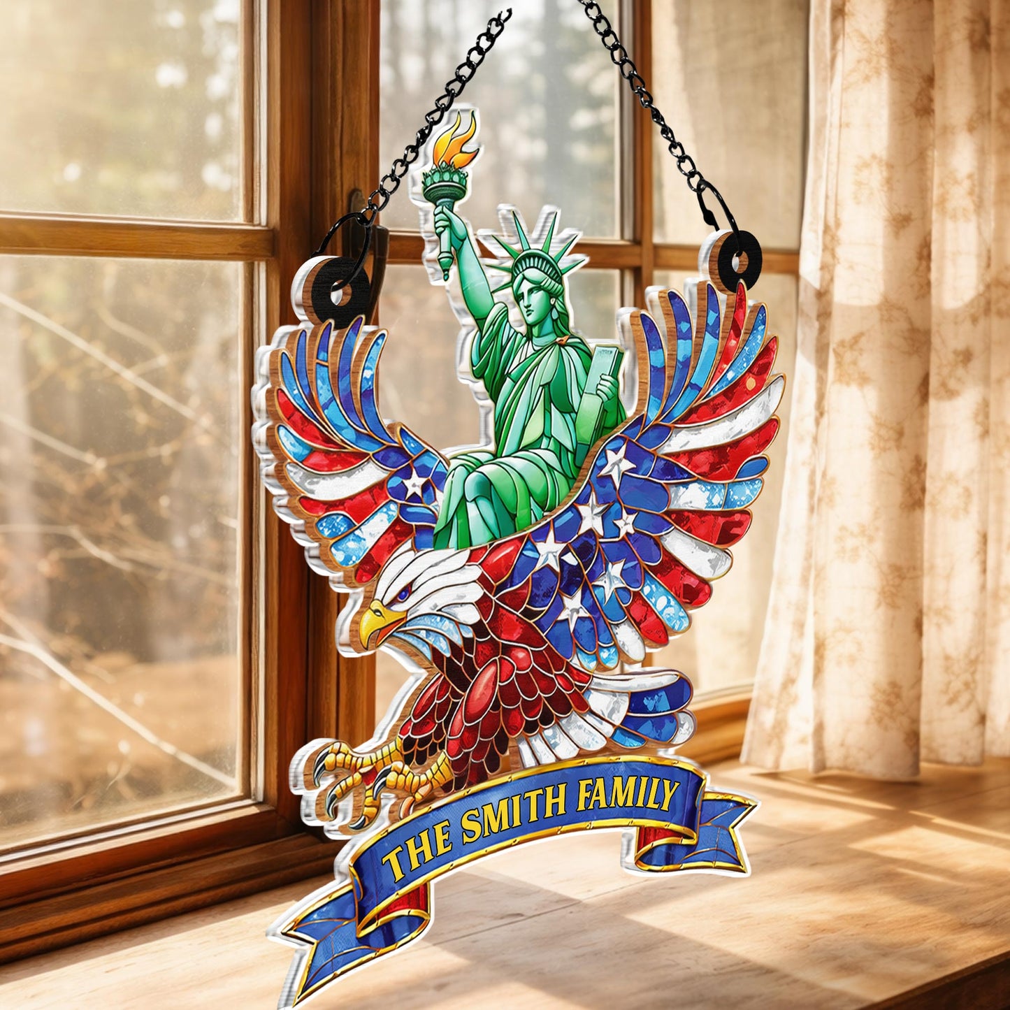 Our Family Statue Of Liberty And Patriotic Eagle With Flag Wings - Personalized Custom Suncatcher - INDE112_CSUN