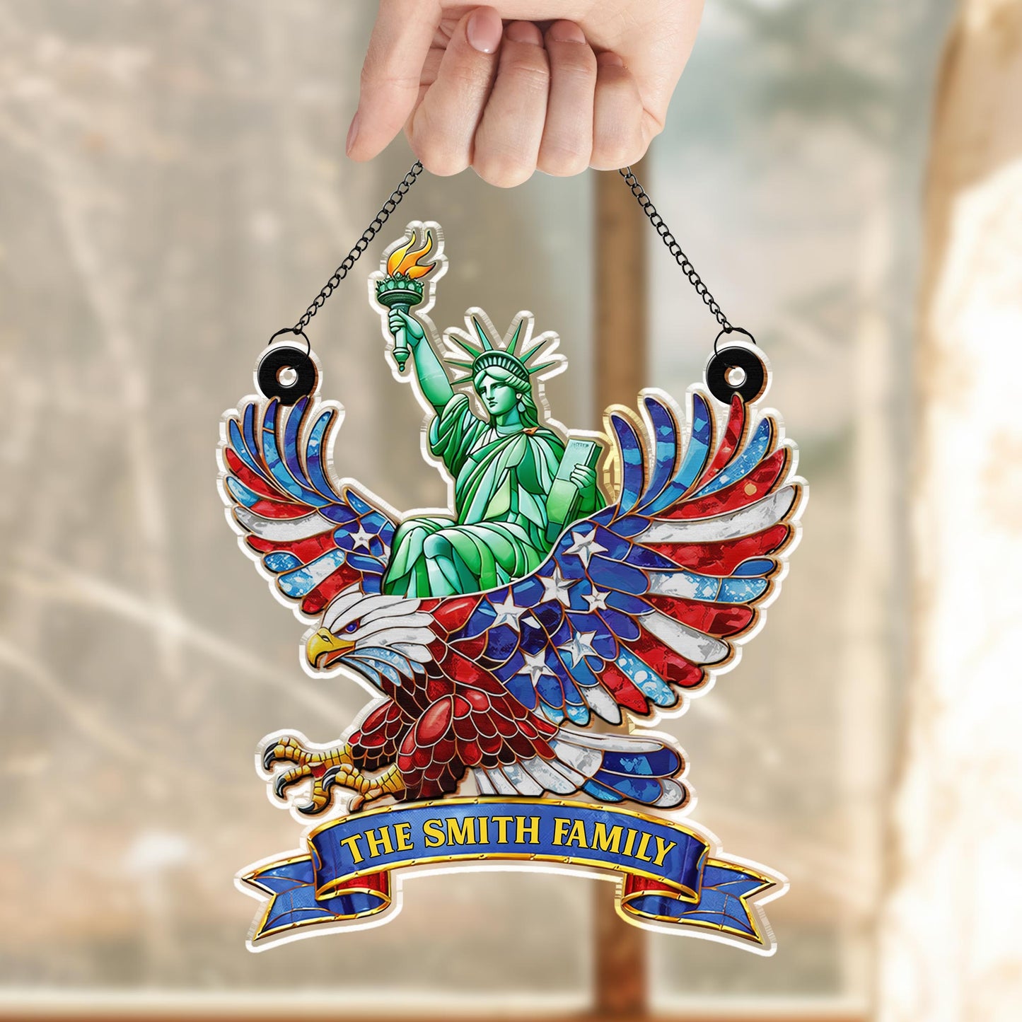 Our Family Statue Of Liberty And Patriotic Eagle With Flag Wings - Personalized Custom Suncatcher - INDE112_CSUN