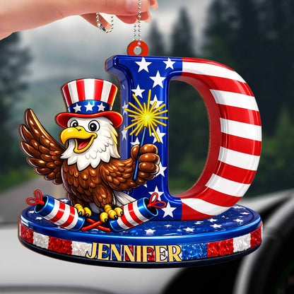 Celebrate Freedom Patriotic Bald Eagle and American Flag Initial - Personalized Custom Wood Ornament, Car Hanging Ornament - INDE136_WCA