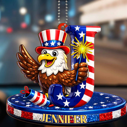 Celebrate Freedom Patriotic Bald Eagle and American Flag Initial - Personalized Custom Wood Ornament, Car Hanging Ornament - INDE136_WCA