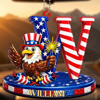 Celebrate Freedom Patriotic Bald Eagle and American Flag Initial - Personalized Custom Wood Ornament, Car Hanging Ornament - INDE136_WCA