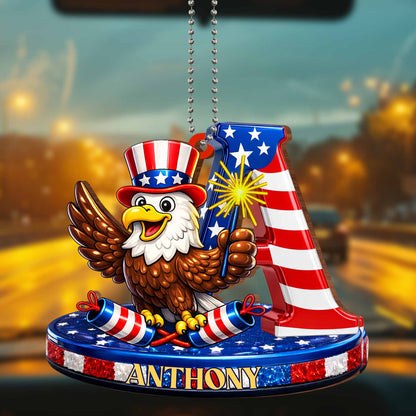 Celebrate Freedom Patriotic Bald Eagle and American Flag Initial - Personalized Custom Wood Ornament, Car Hanging Ornament - INDE136_WCA