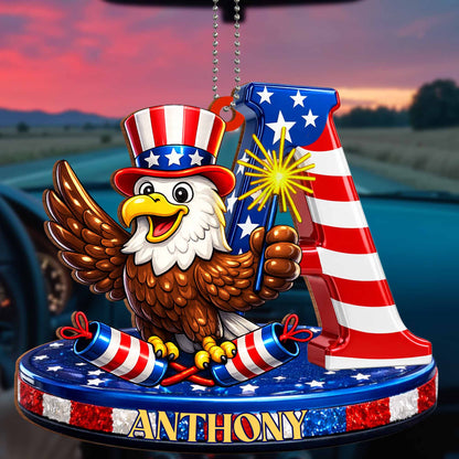 Celebrate Freedom Patriotic Bald Eagle and American Flag Initial - Personalized Custom Wood Ornament, Car Hanging Ornament - INDE136_WCA
