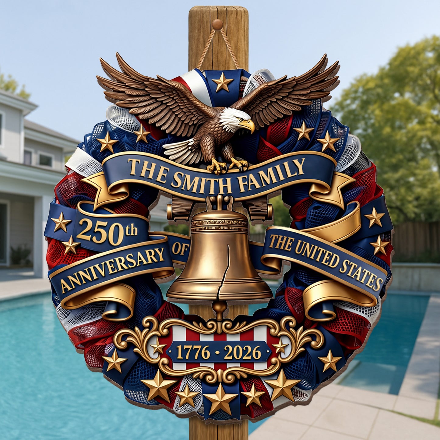 Our Family United States Anniversary Eagle And Liberty Bell Wreath - Personalized Custom Shaped Wood Sign - INDE141_WSIGN