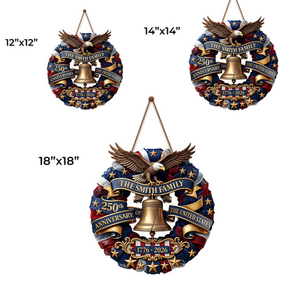 Our Family United States Anniversary Eagle And Liberty Bell Wreath - Personalized Custom Shaped Wood Sign - INDE141_WSIGN
