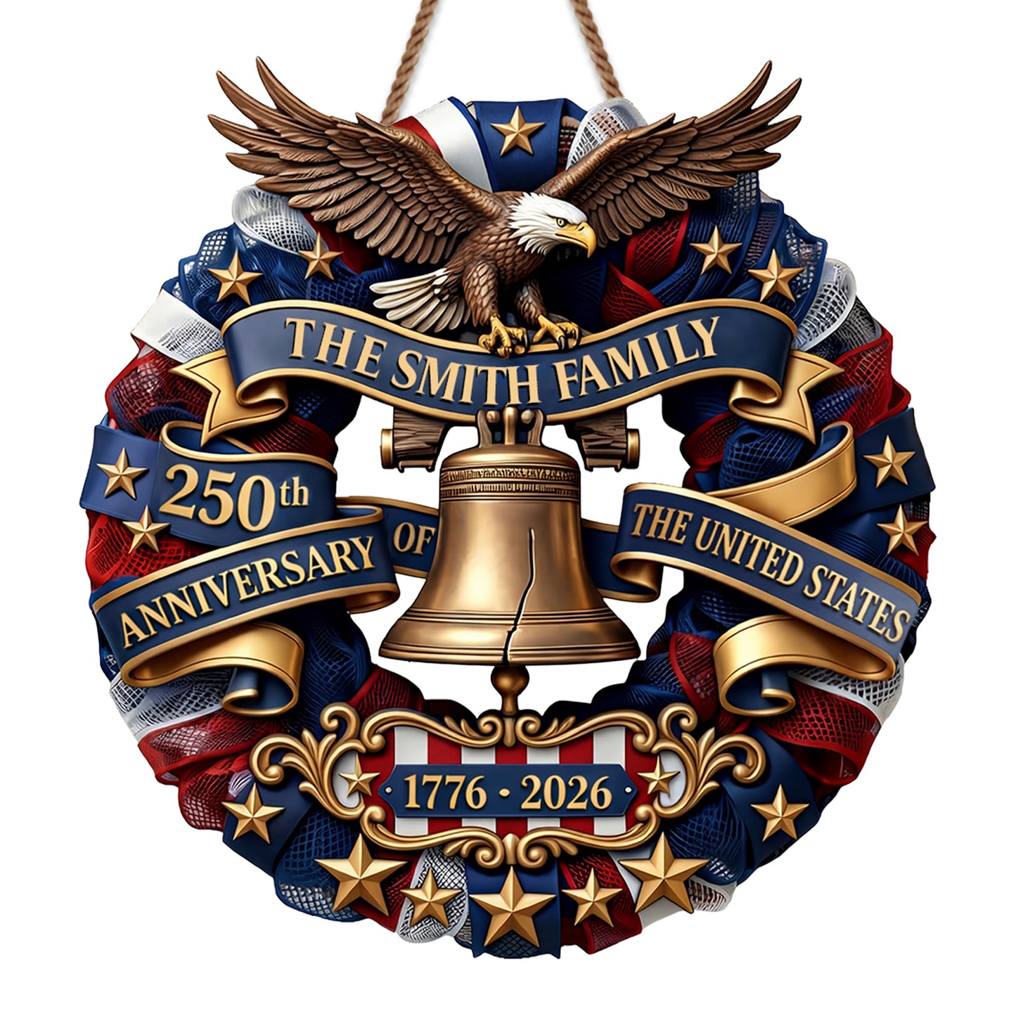 Our Family United States Anniversary Eagle And Liberty Bell Wreath - Personalized Custom Shaped Wood Sign - INDE141_WSIGN