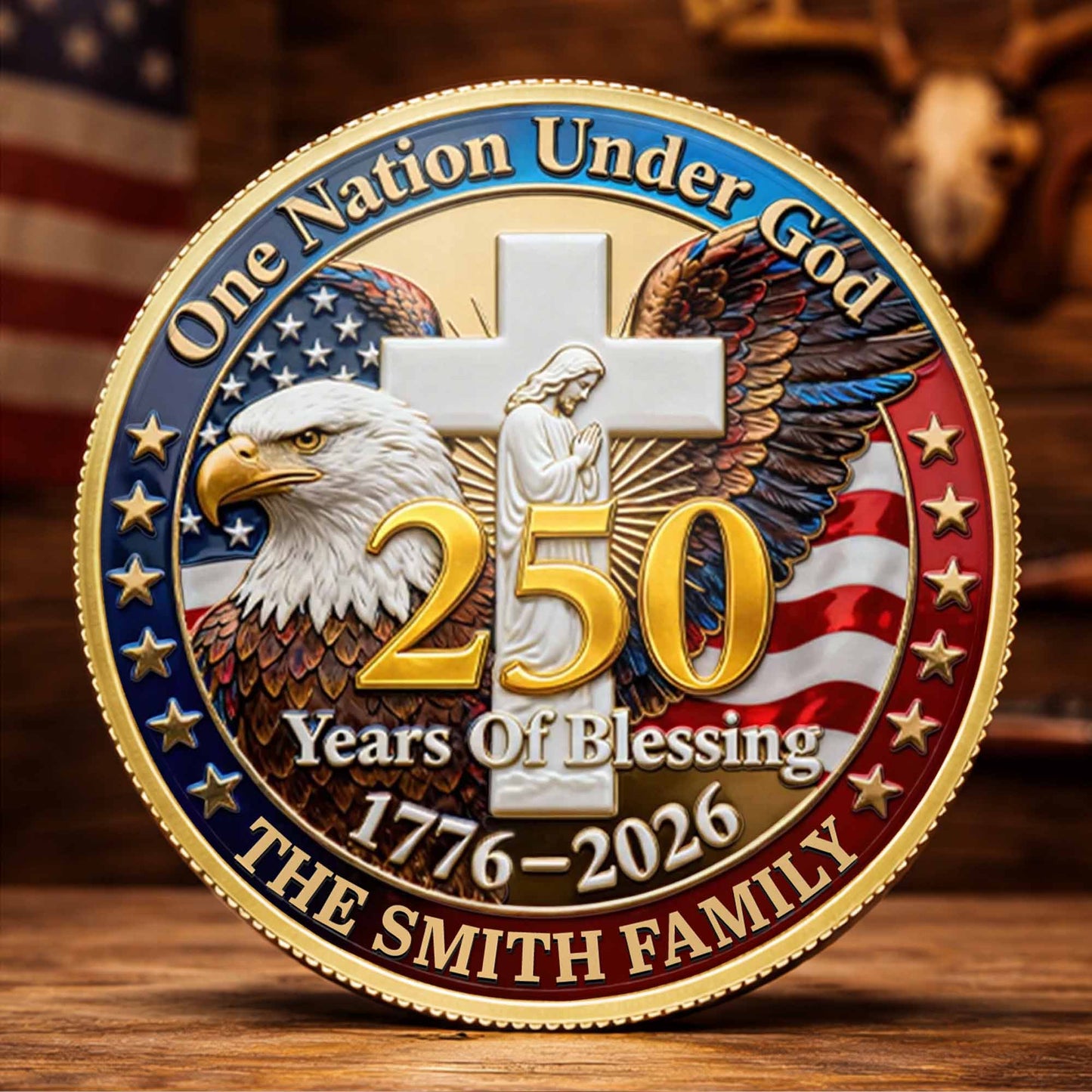 One Nation Under God Years Of Blessing Eagle Cross Family - Custom Commemorative Coin - INDE172_KCOIN