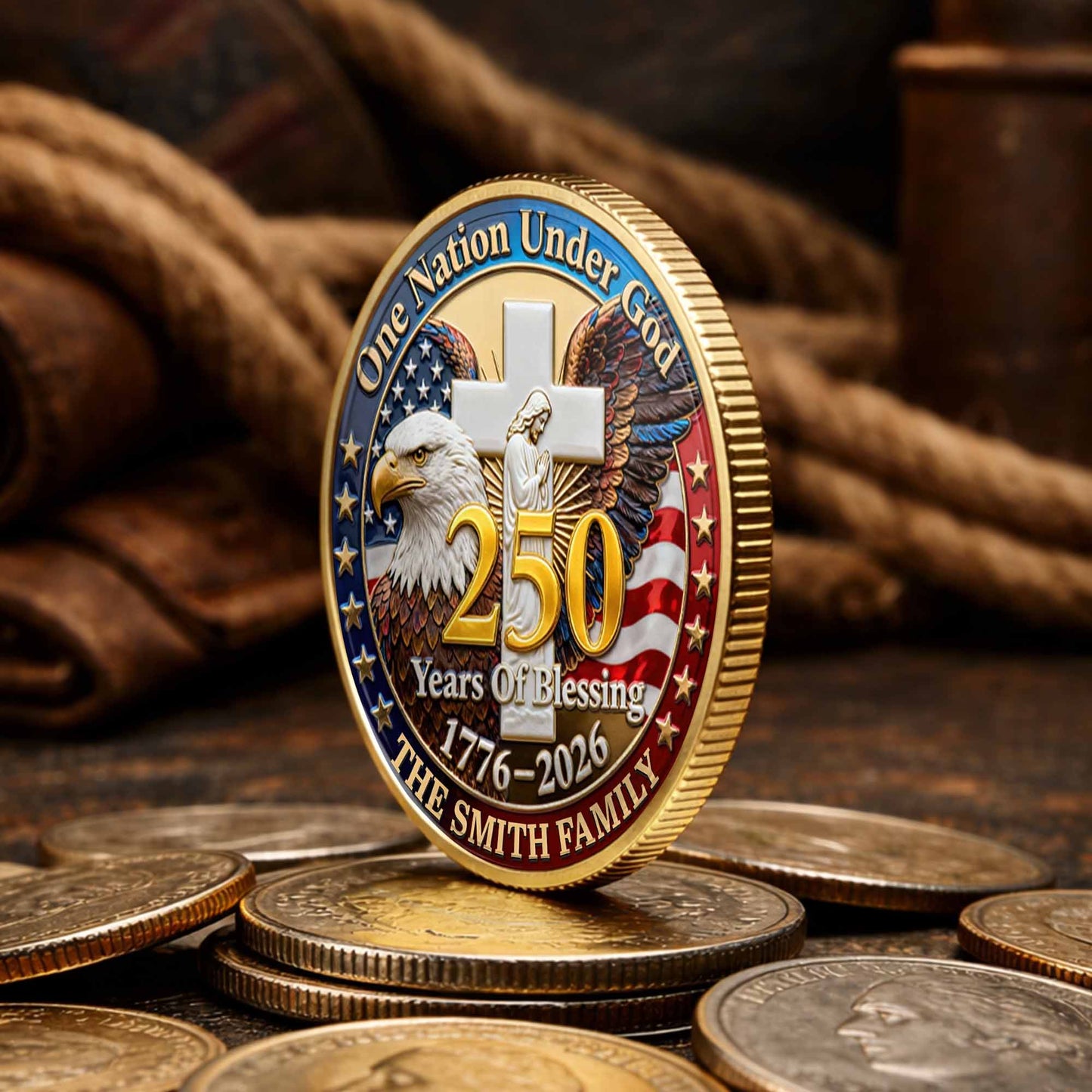 One Nation Under God Years Of Blessing Eagle Cross Family - Custom Commemorative Coin - INDE172_KCOIN