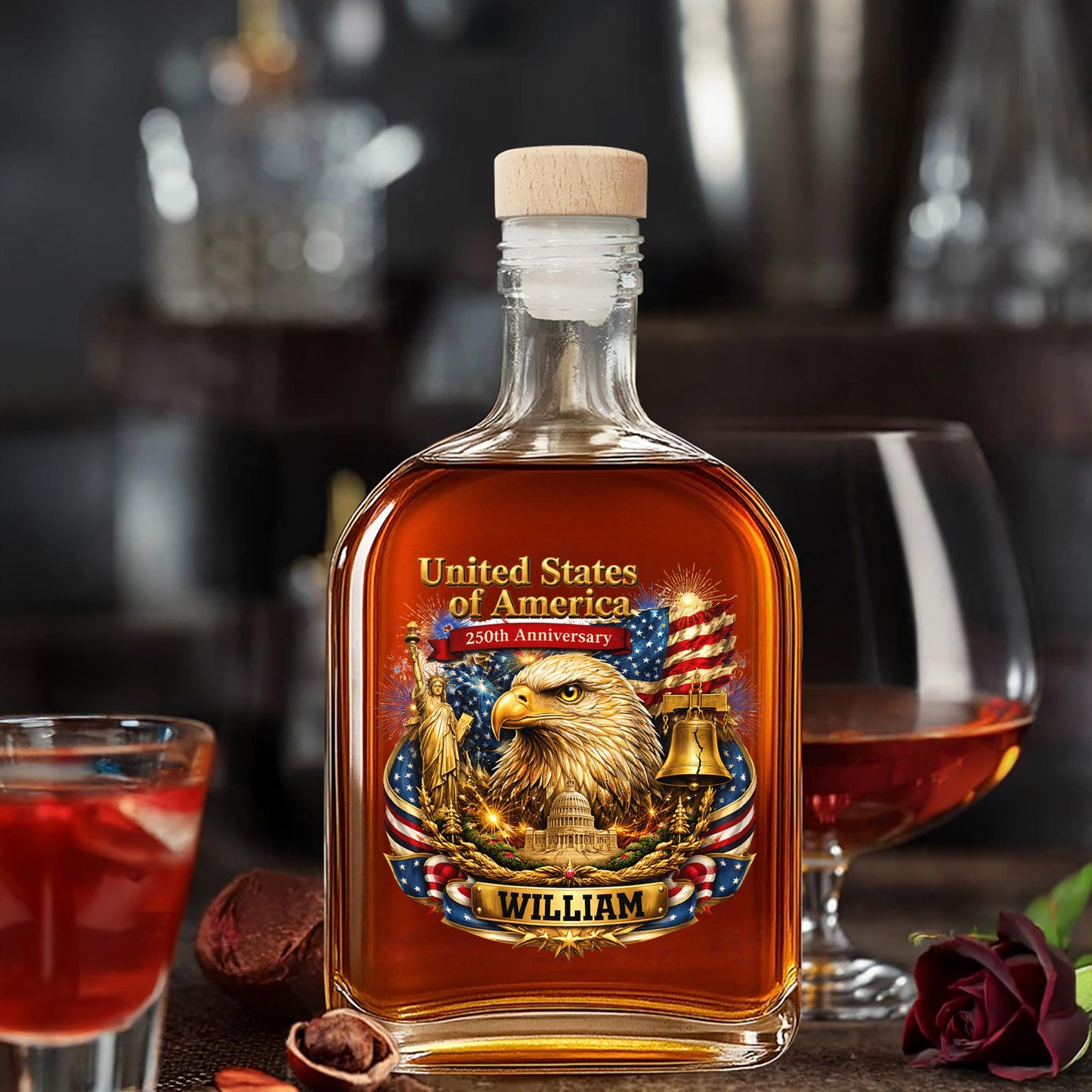 United States Of America Anniversary Eagle And Liberty Bell Patriotic Design - Personalized Whiskey Bottle - INDE188_WHIBA