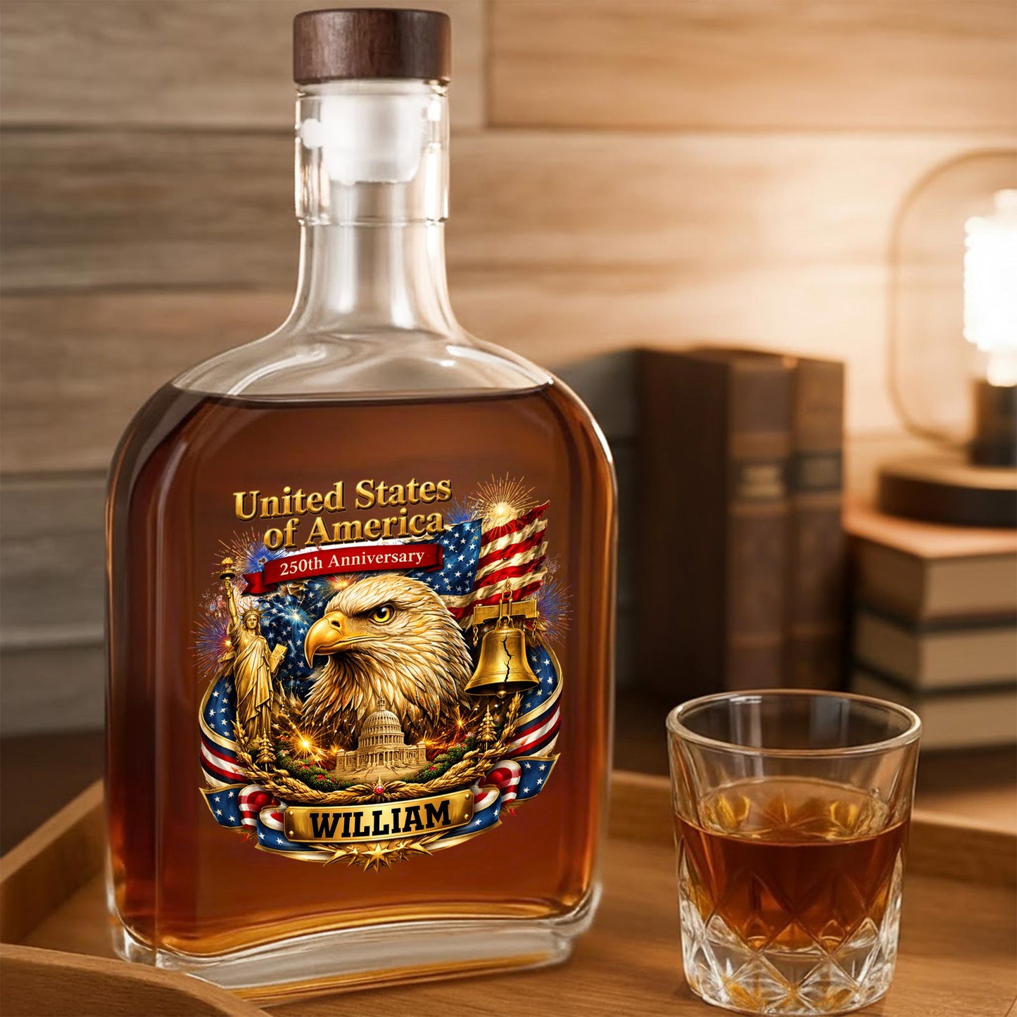United States Of America Anniversary Eagle And Liberty Bell Patriotic Design - Personalized Whiskey Bottle - INDE188_WHIBA