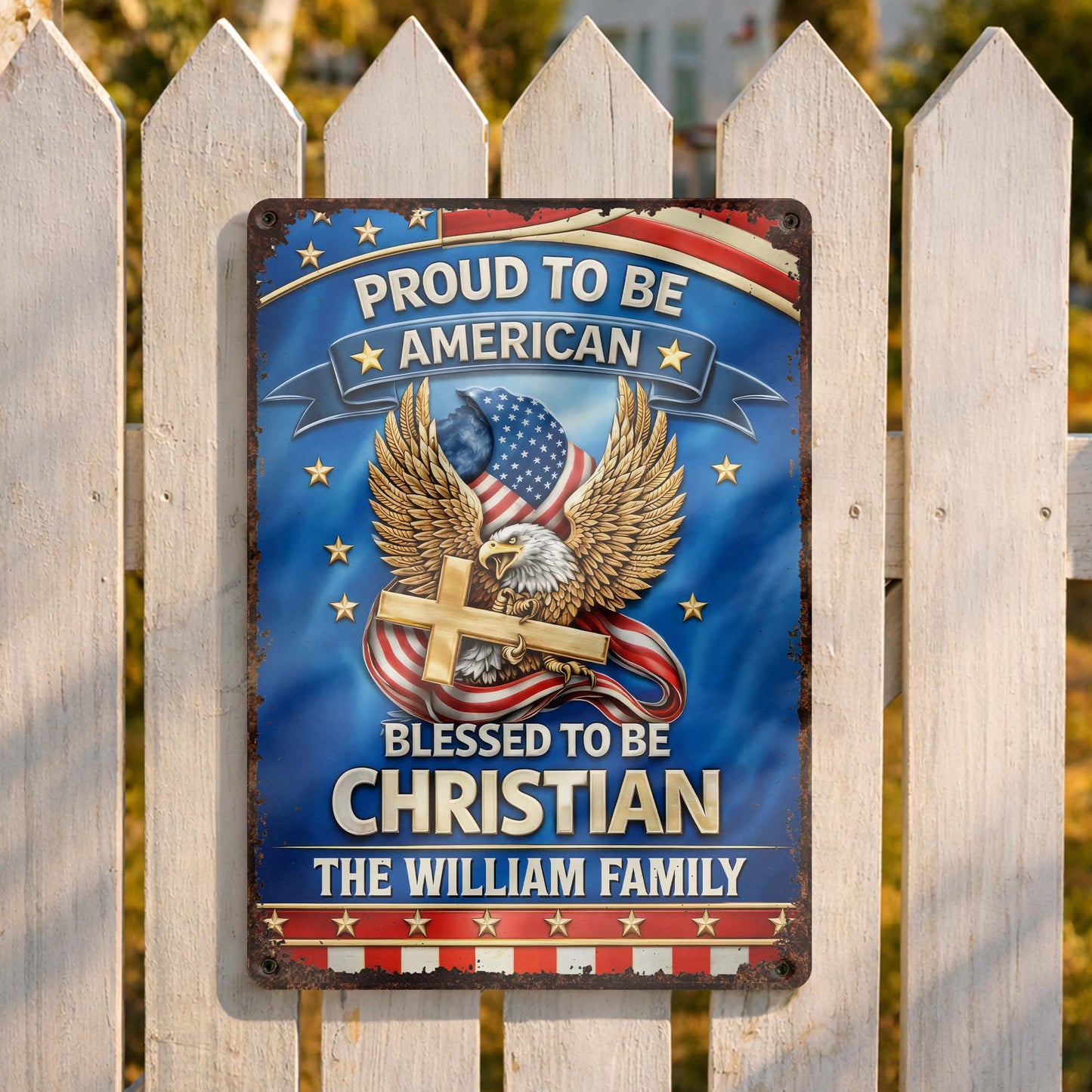 Proud To Be American Blessed To Be Christian Eagle Cross - Personalized Metal Sign - INDE250_MSIGN