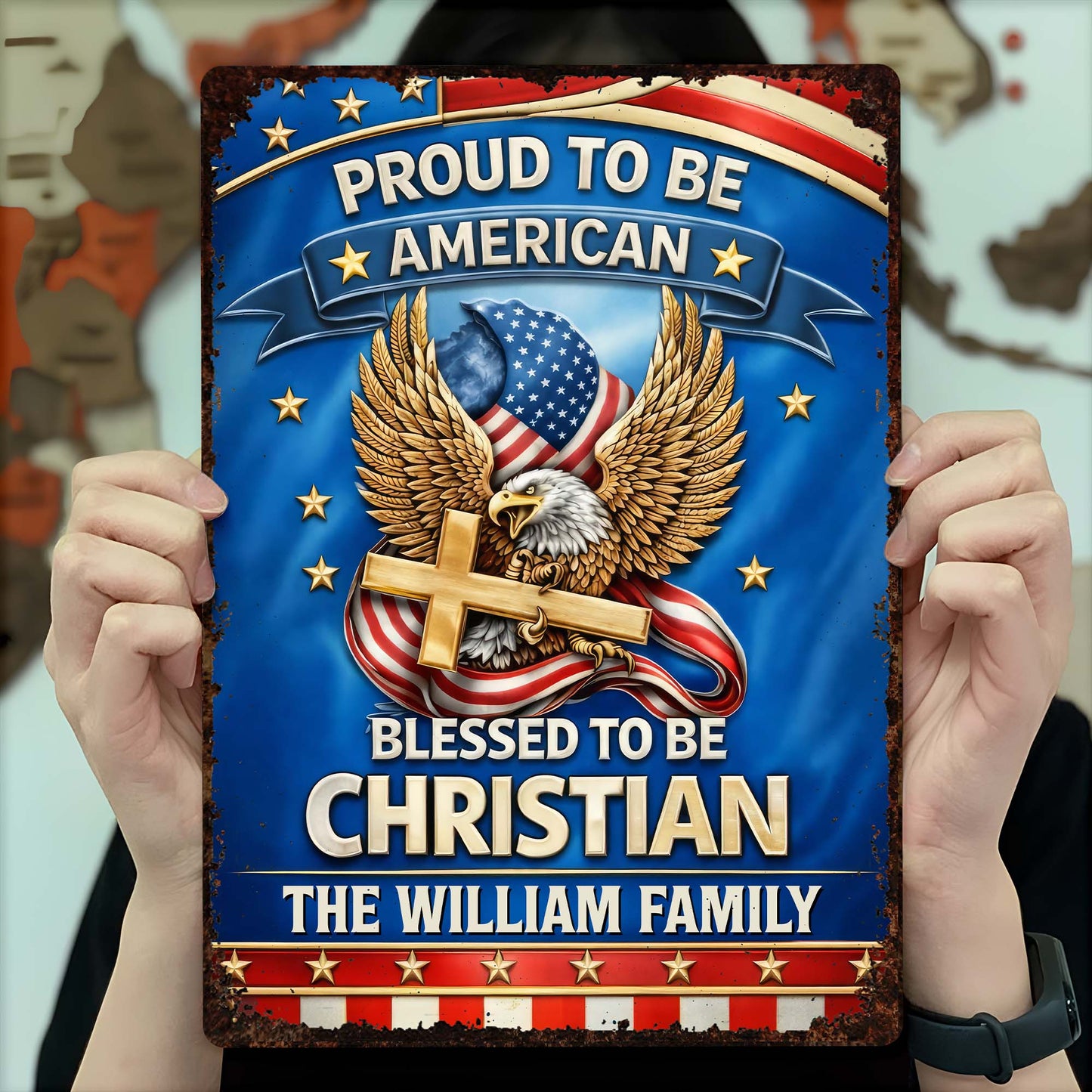 Proud To Be American Blessed To Be Christian Eagle Cross - Personalized Metal Sign - INDE250_MSIGN