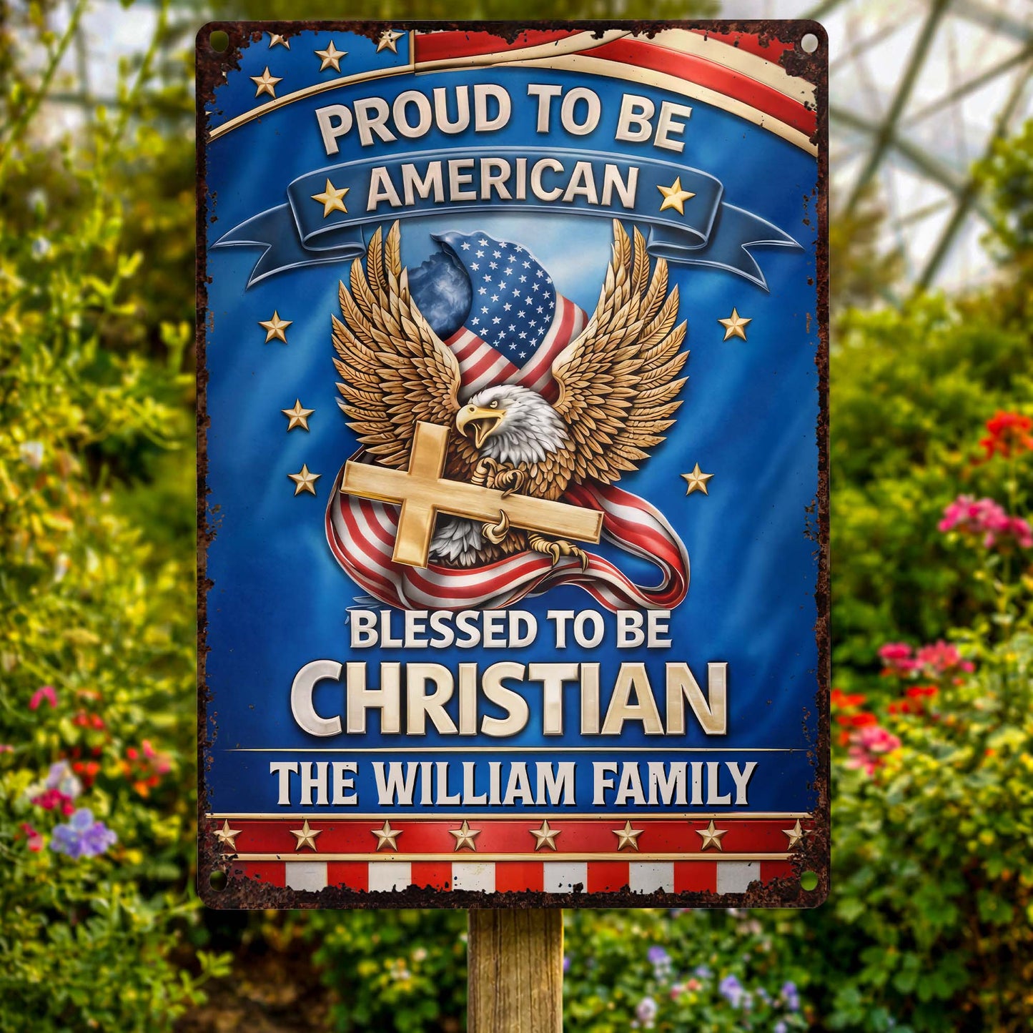 Proud To Be American Blessed To Be Christian Eagle Cross - Personalized Metal Sign - INDE250_MSIGN