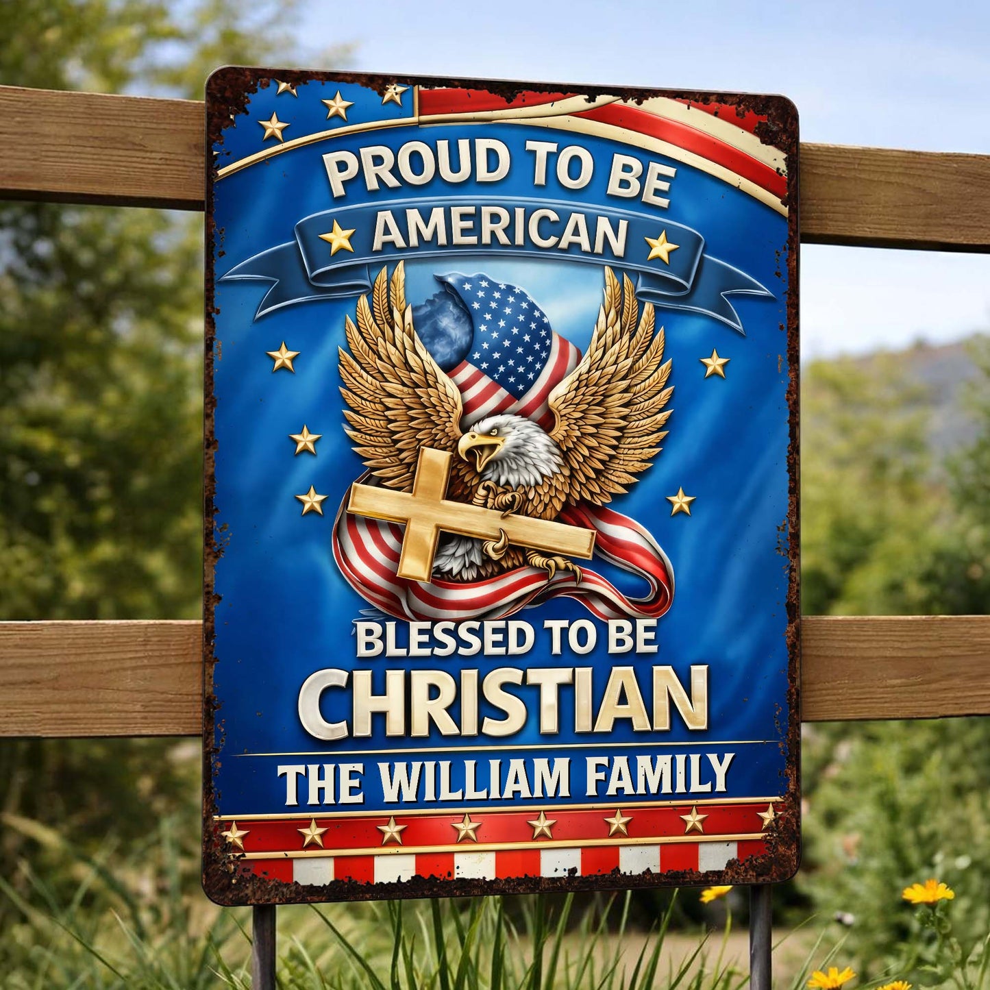 Proud To Be American Blessed To Be Christian Eagle Cross - Personalized Metal Sign - INDE250_MSIGN