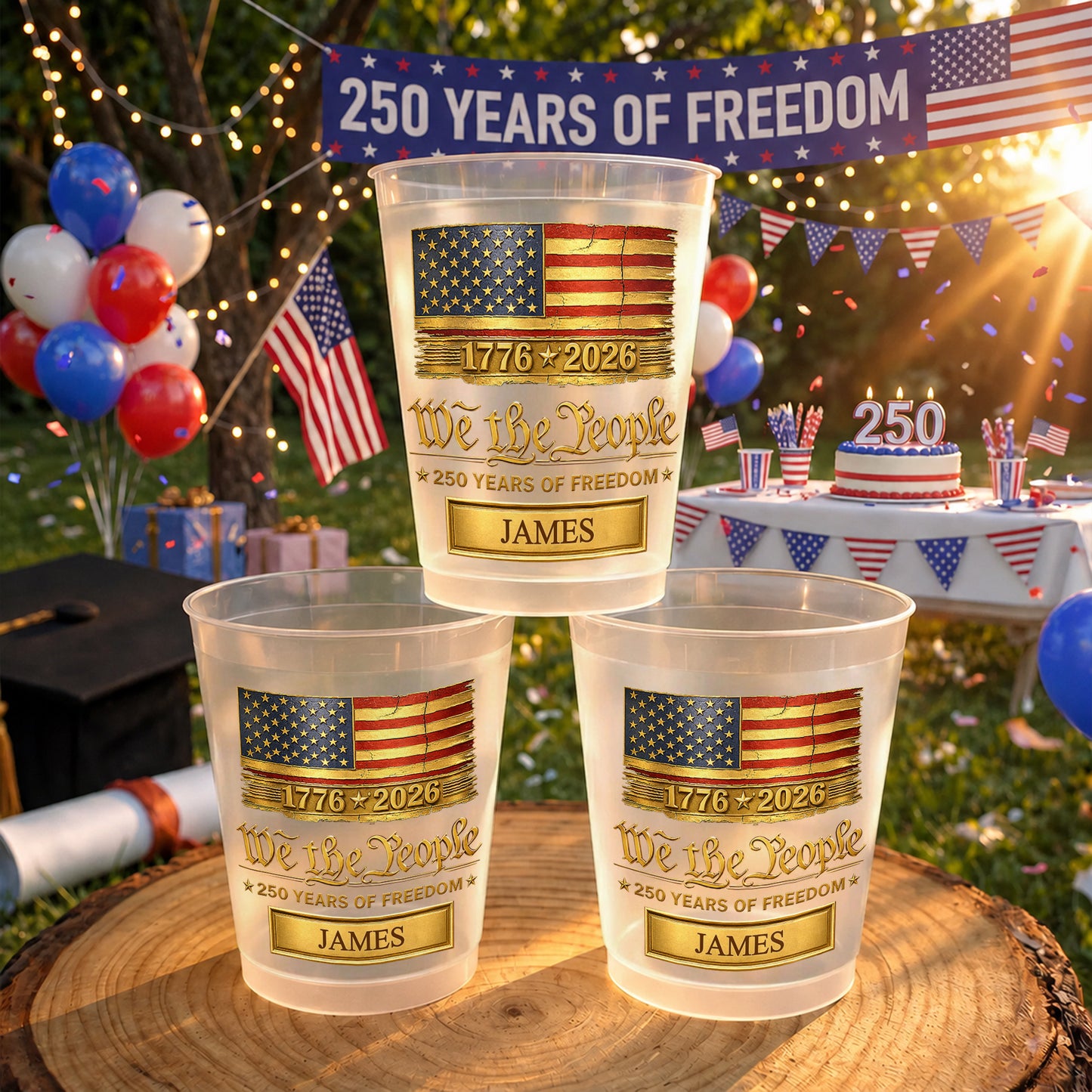 We The People Years Of Freedom American Flag Gold Banner - Personalized Frosted Cups - INDE257_FCUP